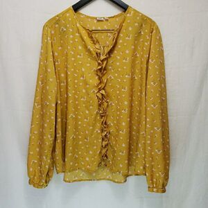 Gap Women’s XXL Mustard Yellow Floral Ruffle Front Blouse Long Sleeve Boho Top